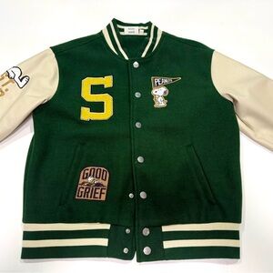 Aeropostale Snoopy Peanuts Varsity Jacket Green Cream XS Letterman